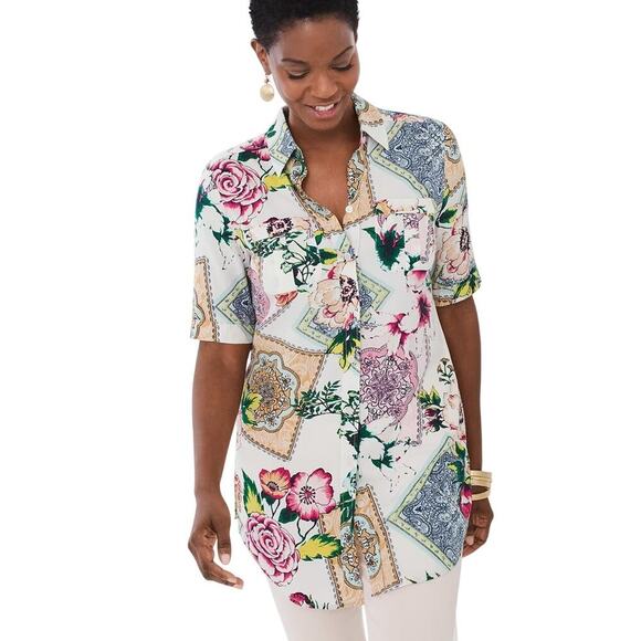 Chico's Tops - Chicos Size 2 Silky Soft Floral Tiles Tunic Chest Pockets Hi Lo Blouse Top